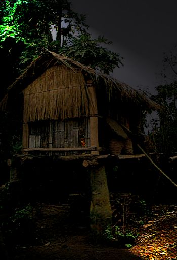Hut on stilts at night