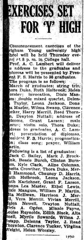 BYH Class of 1930, The Evening Herald, Provo, Utah