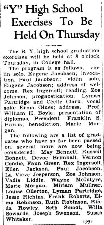 BYH Class of 1931, The Evening Herald, Provo, Utah