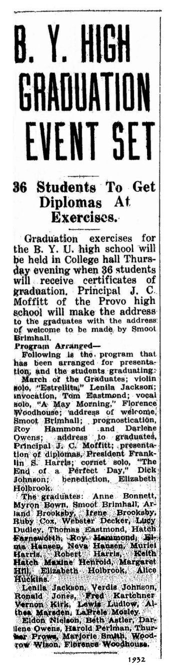 BYH Class of 1932, The Evening Herald, Provo, Utah